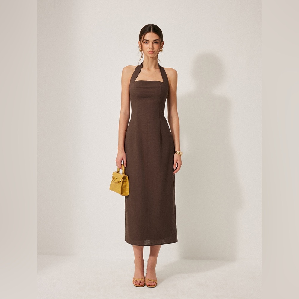Commense Cotton & Linen Halter Backless Split Dress